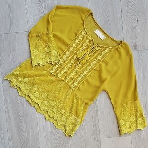 A'reve Lace Crochet Boho Bell Sleeve Sheer  Mustard Yellow Blouse, Small